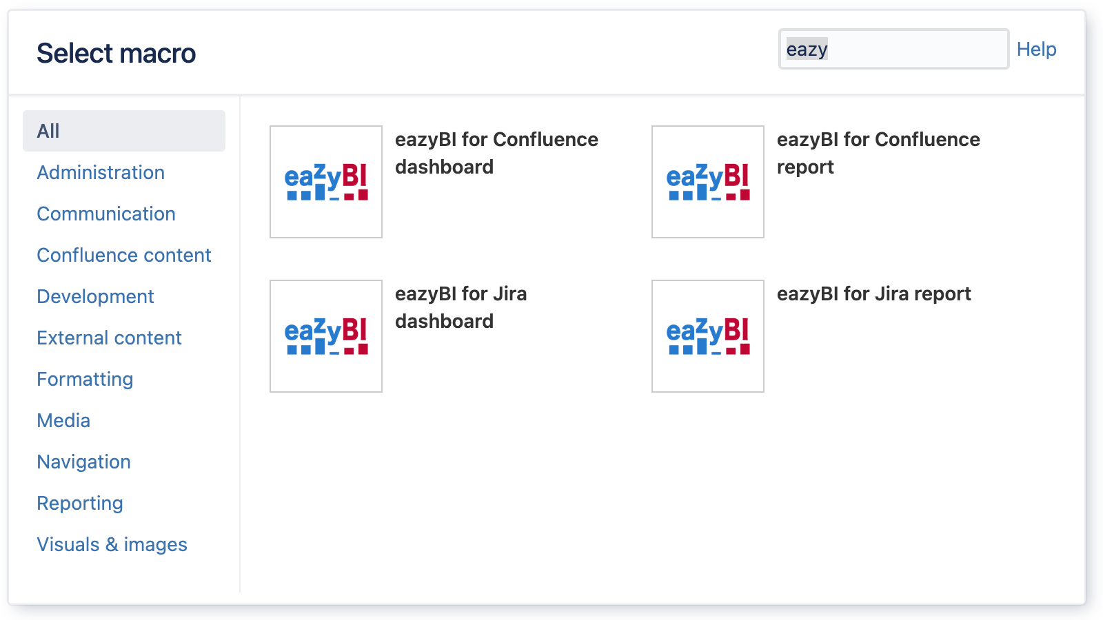 Confluence macro selection pop-up with eazyBI macro options