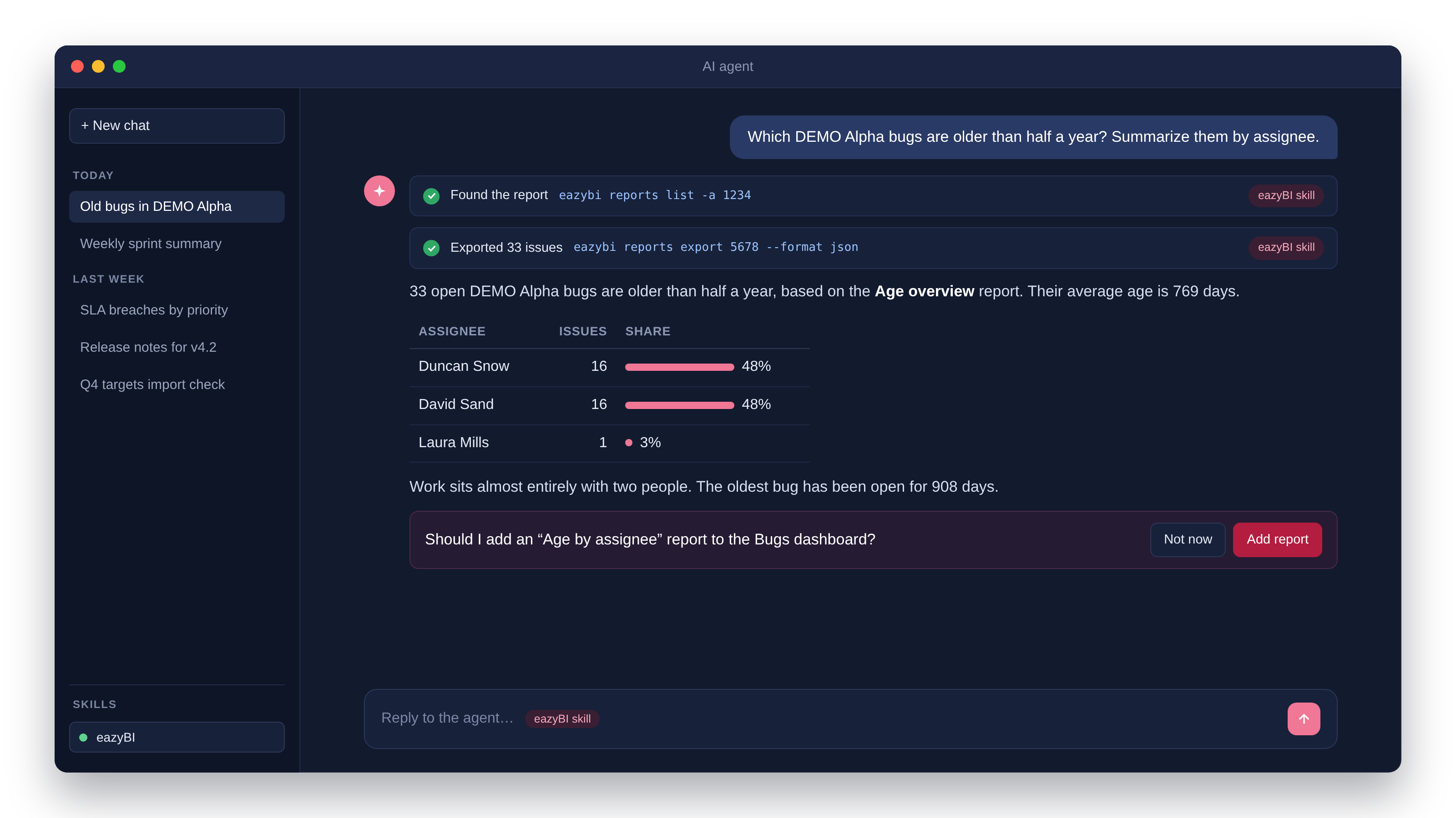 An AI agent chat using the eazyBI skill to summarize old bugs by assignee