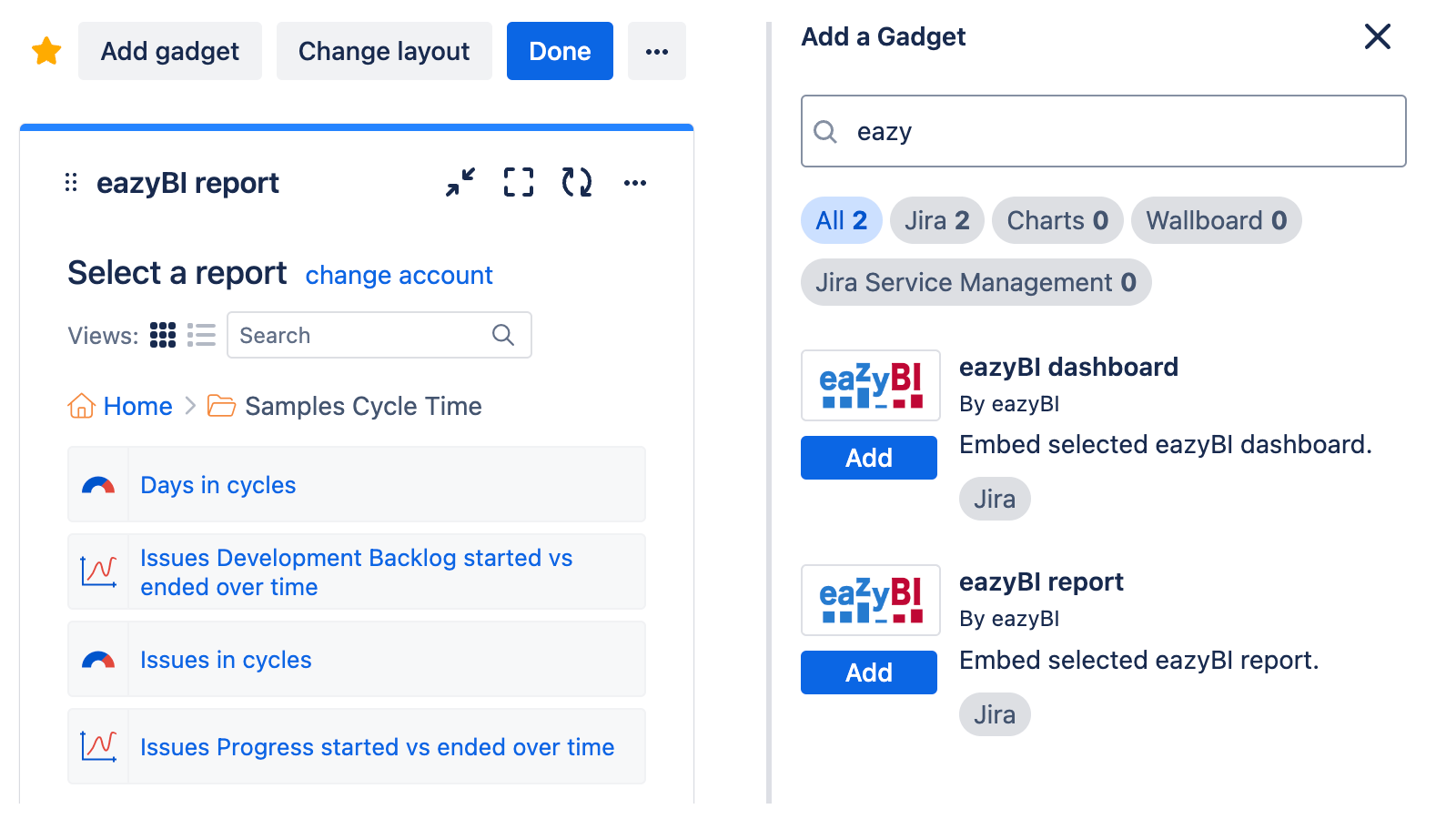 eazyBI gadgets for Jira dashboard